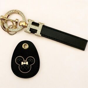 Black Leather Minnie Mouse with Wrist Strap Gold Key Fob Keychain Bag Charm